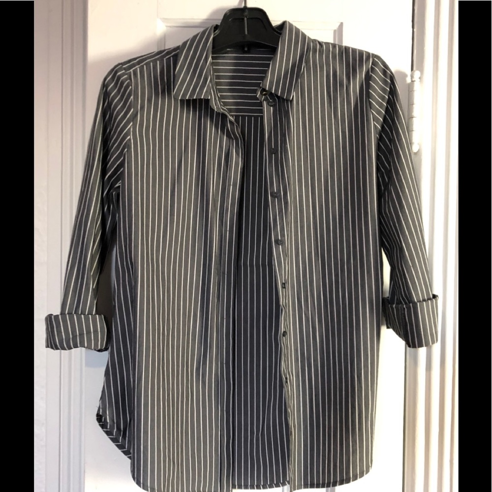 Grey blouse with white stripes